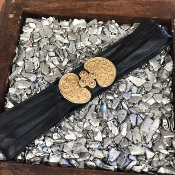 Vintage Boho Gypsy Gold Tone Metal Belt Faux Leather Black - Picture 1 of 4